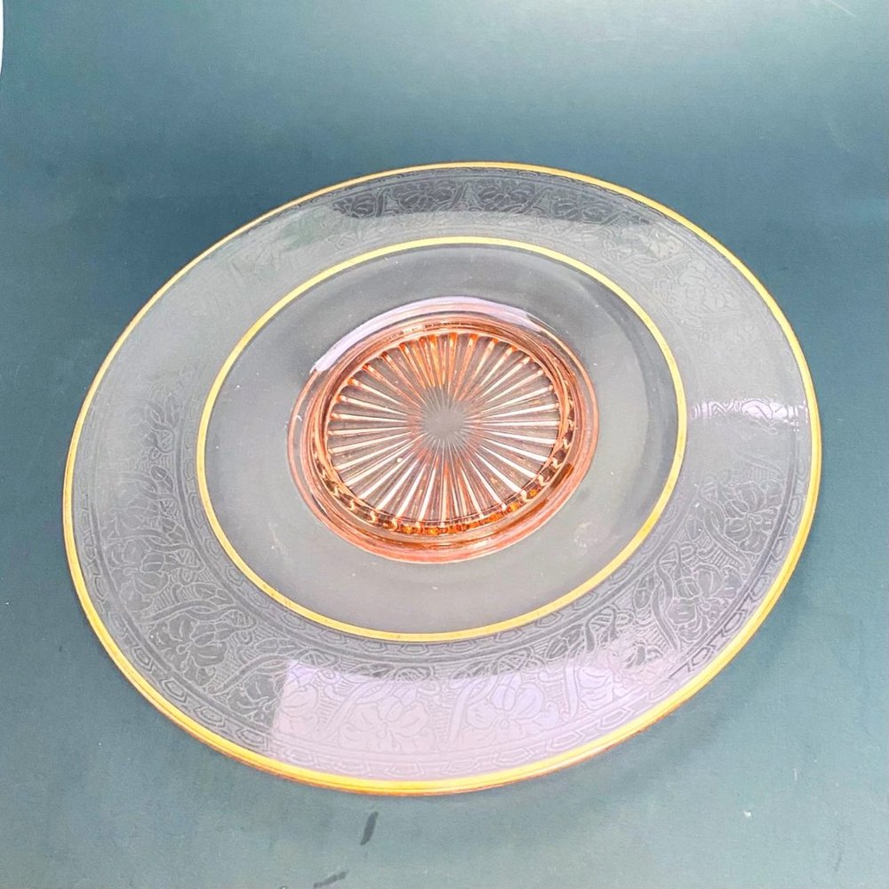 Pink Depression Glass Plate Floral Etching Gold Trim Serving Center Raised Rim